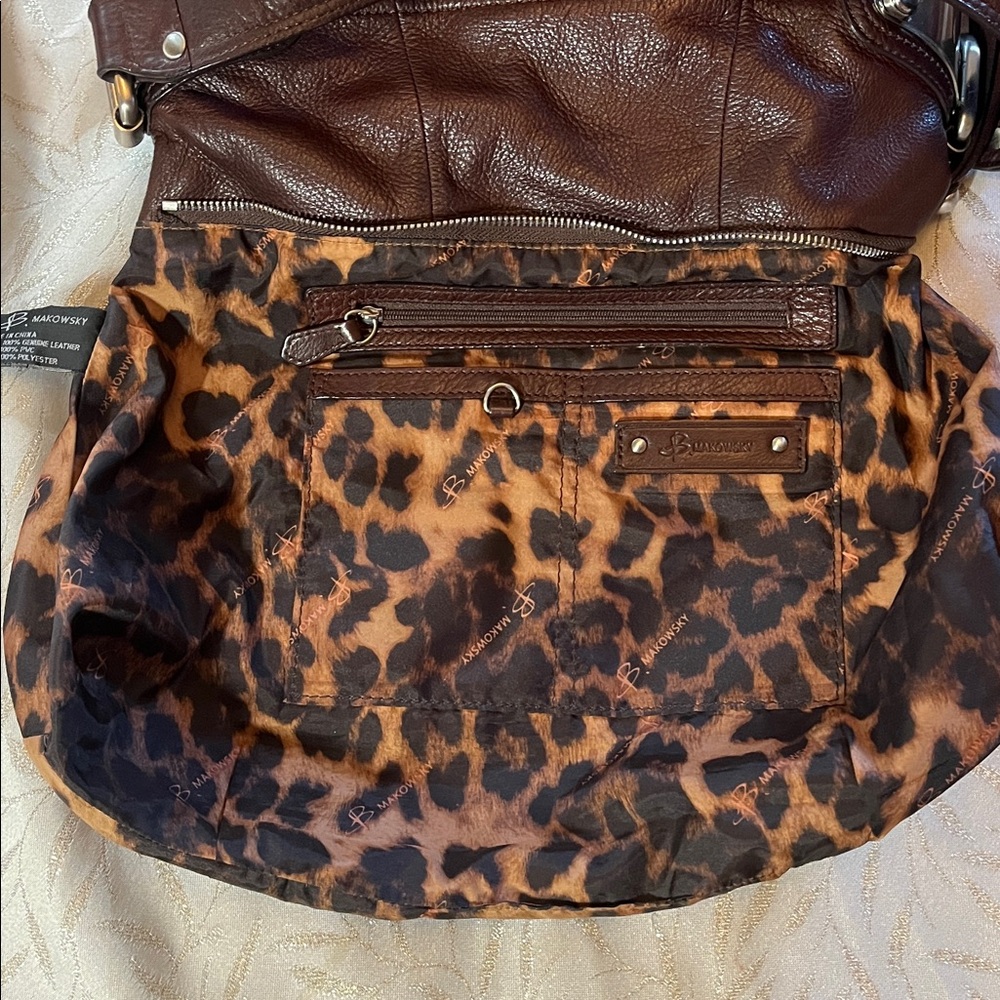 B. Makowsky Dark Brown Slouchy Brown Leather HoBo Shoulder Bag Metallic Details - Picture 11 of 17